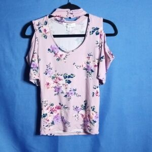 Eye Candy Pink Floral Cold Shoulder Top S Choker Neck Stretch